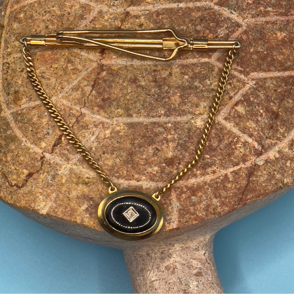 Vintage Anson Gold Tone Black Onyx Rhinestone Tie Clip with Chain Adjustable ✨